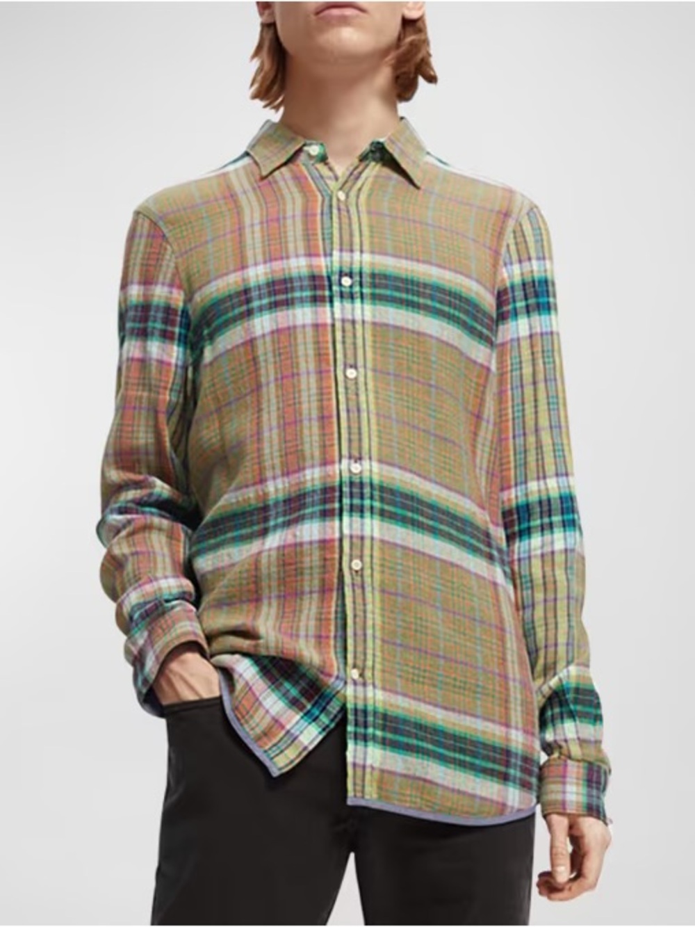 Scotch & Soda Men's Green Linen Plaid Sport Regular Fit Button Shirt - Size L
